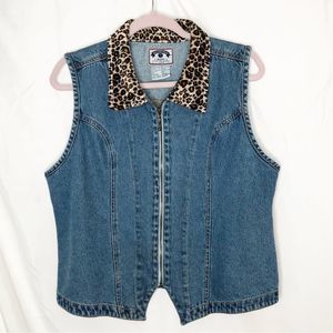 Solutions Blue denim sleeveless zipper vest animal print collar szL